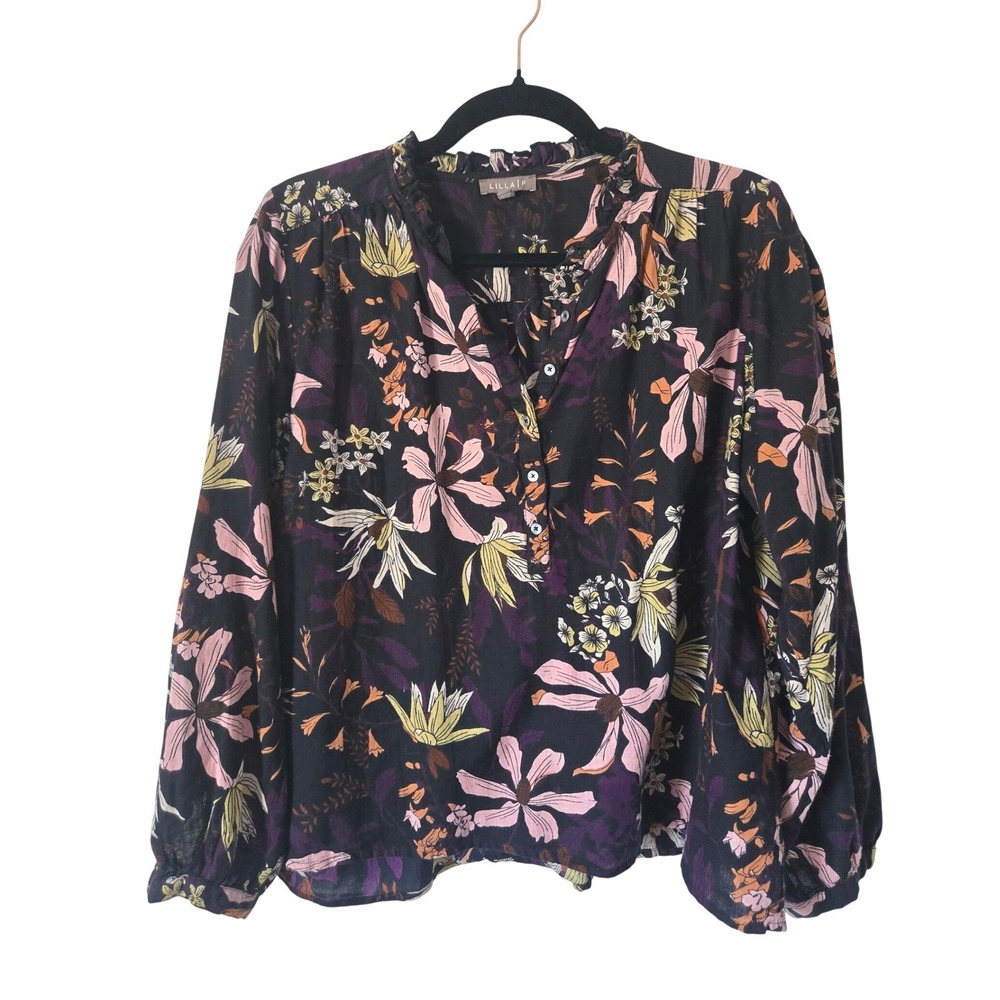 Lilla P Womens S Blouse Black Floral Ruffle Neck Long Sleeve Boho Top